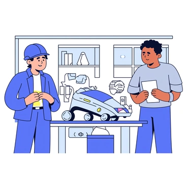 An engineer wearing a blue safety helmet stands next to a sleek, modern product prototype on a workbench. The prototype has a shiny exterior with various buttons and lights. A supplier in a gray shirt observes closely, taking notes on a notepad. The bright workshop is filled with tools and equipment, with large windows allowing sunlight to illuminate the space. The walls are lined with shelves holding various mechanical parts and gadgets.