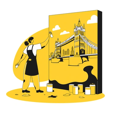 A street artist is standing in front of a large wall, focused on painting a mural of "London Bridge." The artist is wearing a black apron and has a spray paint can in hand, with several other cans of yellow and black paint scattered around. The wall behind the artist is partially covered in "London Bridge," showcasing intricate details of the bridge and surrounding scenery. The artist's brush strokes are bold, and there are paint splatters on the ground beneath them. In the background, the outlines of buildings can be seen, hinting at a bustling city atmosphere.
