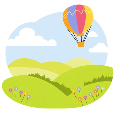 A colorful hot air balloon with a patterned fabric floats gently in the sky. Below, a picturesque plateau landscape is visible, featuring rolling hills covered in lush green grass. The plateau is dotted with clusters of vibrant wildflowers in various colors. In the distance, a clear blue sky stretches out, with fluffy white clouds scattered throughout. The sunlight casts a warm glow over the scene, enhancing the natural beauty of the landscape below.