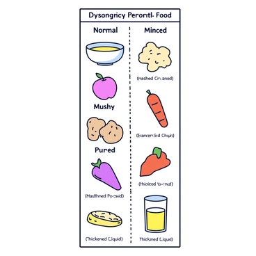 A vertical comparison chart featuring various food textures for dysphagia management. The chart includes categories labeled "Normal," "Minced," "Mushy," "Pureed," and "Thickened Liquid." Each category contains illustrations of food items that correspond to the texture descriptions. For the "Normal" category, there are whole fruits and vegetables, like an apple and a carrot. The "Minced" section shows finely chopped versions of similar items. The "Mushy" category features mashed potatoes and soft fruits like bananas. The "Pureed" section illustrates a creamy soup and pureed fruits. Finally, the "Thickened Liquid" category displays a glass of thickened juice. Each section is neatly organized with clear labels and arrows indicating the progression from normal to pureed textures.