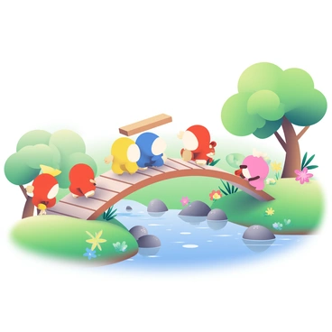 A group of small Pikmin, each with distinct colors including red, blue, and yellow, are working together to build a small wooden bridge over a gently flowing stream. The Pikmin are scattered along the length of the bridge, carrying small wooden planks and sticks. One Pikmin is balancing a plank on its head while two others are pushing it into place at the edge of the stream. The water is clear and reflects the sunlight, with small pebbles visible beneath the surface. On the banks of the stream, lush green grass and colorful flowers surround the scene, adding vibrant accents to the environment. In the background, there are trees with broad leaves providing a natural setting for the Pikmin's construction efforts.
