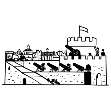 The historic "Halifax Citadel" stands atop a hill overlooking the city, framed by a clear sky. A row of large, black cannons is positioned along the ramparts, ready for use. Several soldiers in period uniforms are stationed strategically, engaged in various activities such as loading cannons and standing guard. The stone walls of the citadel are detailed, showing the wear of time, while the cityscape below is visible in the background, with rooftops and buildings in a distant view.