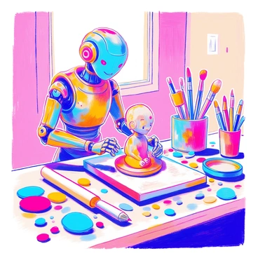 A robot sculpting a statue from clay, surrounded by art tools and colorful clay pieces.