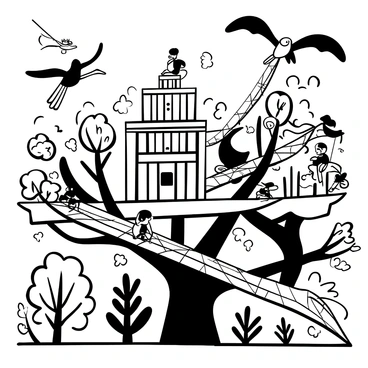 A city constructed among the trees with wooden platforms and bridges connecting various structures. The buildings feature intricate designs, blending seamlessly with the surrounding foliage. Giant birds are perched on branches and hovering nearby, with people boarding them as a mode of transportation. Some birds have harnesses attached, ready to carry passengers into the sky. The scene is filled with lush greenery and detailed textures of bark and leaves, creating a vibrant atmosphere of life among the treetops.
