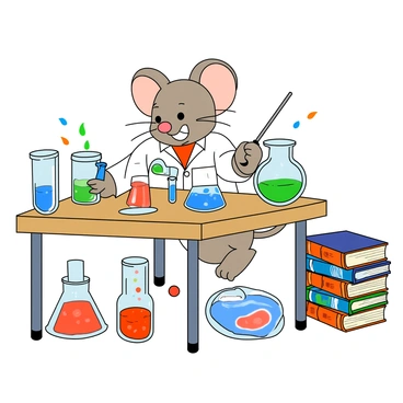 A small cartoon mouse with large ears and a cheerful expression is wearing a white lab coat. The mouse is standing on its hind legs at a table filled with various colorful beakers and test tubes. One beaker is bubbling with a bright green liquid, while another test tube has a red substance swirling inside. The mouse is holding a pipette in one paw, carefully adding a drop of blue liquid from a small dropper into a test tube. Colorful lab equipment is scattered around, and there is a stack of books about science beside the mouse.