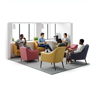 Employees of diverse backgrounds are sitting and relaxing in a modern office lounge. The space features comfortable seating arrangements with plush couches and armchairs in various colors. A sleek coffee bar is positioned in the corner, stocked with an array of coffee machines and decorative coffee mugs. One employee is pouring a cup of coffee, while another is engaged in conversation, leaning back in a cozy chair. Large windows allow natural light to fill the room, illuminating the contemporary design and creating an inviting atmosphere.