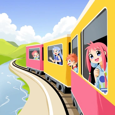 A vibrant train with colorful carriages traveling along a winding railway track. Inside the train, a group of anime characters, including a girl with long blue hair wearing a stylish outfit, a boy with spiky red hair and glasses, and a cheerful girl with pink hair and a big smile. Outside the train window, a picturesque landscape unfolds, showcasing rolling green hills, a clear blue sky, and fluffy white clouds. In the distance, a sparkling river flows alongside the tracks, reflecting the sunlight. The characters are looking out the window, enjoying the beautiful scenery as the train moves forward.