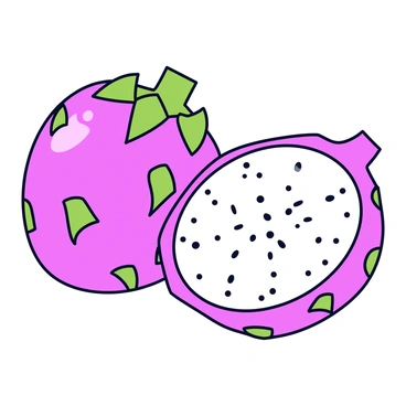 A vibrant vector illustration of a whole dragon fruit alongside its sliced version revealing its unique look.