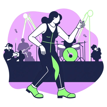 A woman is dancing energetically at a live concert. She is wearing a fitted black outfit that allows for easy movement. Her hair is styled in loose waves, flowing as she dances. The stage is illuminated with vibrant lights creating a dynamic atmosphere around her. In the background, there are silhouettes of musicians performing, while a crowd of people is visible, enjoying the music. The scene captures the excitement and energy of the live performance.