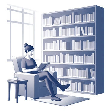 A cozy corner of a library featuring a person seated on a comfortable chair, deeply engaged in reading a book. The chair is positioned near a tall bookshelf, filled with neatly arranged books. The bookshelf extends upwards, showcasing a rich collection of volumes. Soft light filters in from a nearby window, illuminating the space and creating a warm atmosphere. The floor is covered with a plush rug, adding to the comfort of the reading nook. A small wooden table beside the chair holds a steaming cup of tea, completing the scene.