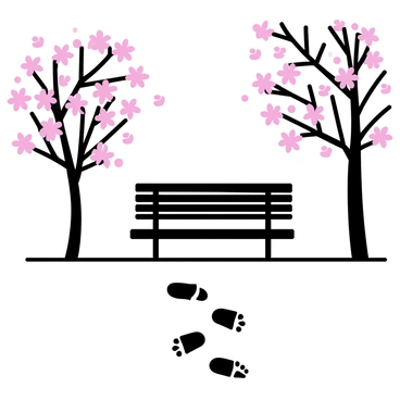 Footprints in the soft earth lead towards a park bench, positioned in the center of the scene. The bench is made of dark wood, weathered yet sturdy, inviting visitors to sit. Surrounding the bench are cherry blossom trees, their branches laden with delicate pink flowers. The petals cascade gently from the trees, some resting on the ground among the footprints, creating a colorful carpet. The sunlight filters through the blossoms, casting soft shadows on the ground.