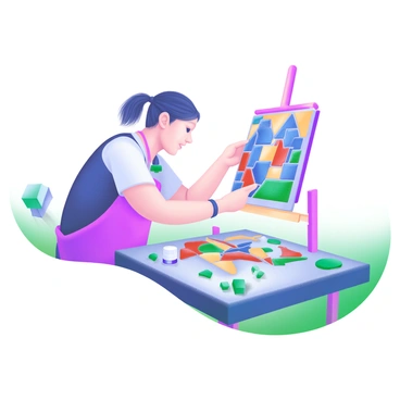 A mosaic artist is seen in the process of creating an artwork, carefully placing colorful tiles to construct a medium-sized abstract design. The artist wears a protective apron and is focused on the arrangement of the tiles in various shades of blue, red, yellow, and green. Surrounding the artist are various tools, such as a tile cutter and a small adhesive container. The workspace is scattered with tiles of different shapes and sizes, creating a vibrant atmosphere filled with creativity. The unfinished design is partially visible, showcasing a dynamic and intricate pattern emerging from the colorful pieces.