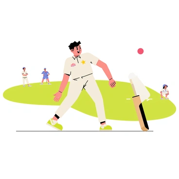 A cricket bowler in a white uniform is in the process of releasing the ball. The bowler has a focused expression, with one arm fully extended forward and the other arm bent at the elbow. The scene captures the dynamic motion of the bowler's follow-through, showcasing the athleticism and technique involved in the delivery. In the background, a green cricket field is visible, and a wooden cricket bat lies on the ground nearby. A few spectators can be seen in the distance, observing the match with interest. The sky is clear, adding a bright atmosphere to the scene.