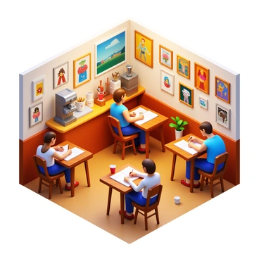 A cozy cafe with warm lighting and wooden furniture. Artists are seated at small tables, engaged in conversation while sipping coffee. Some are sketching in notebooks, sharing their work with each other. The walls are adorned with colorful illustrations and paintings, showcasing various styles and techniques. A barista is seen behind the counter, preparing drinks with an espresso machine. The atmosphere is inviting and creative, with art supplies scattered around the room.