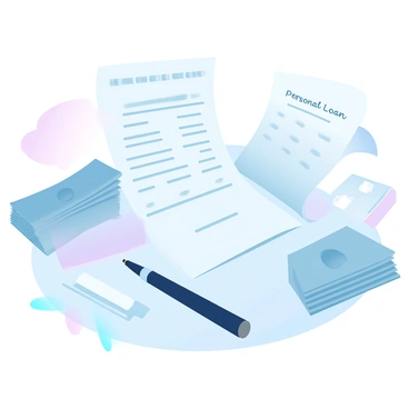 A hospital bill is placed on a table, showing various line items and totals in detailed print. Next to the bill, there is a stack of cash and a small stack of paperwork labeled "Personal Loan." Beside these items, a pen rests, indicating an ongoing transaction. In the background, there are subtle indications of a financial setting, like a calculator and a notepad, suggesting careful budgeting and planning. The colors of the illustration are gradient pastel tones, creating a soft and cohesive look.