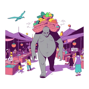 A large golem carrying goods through a busy marketplace filled with diverse creatures