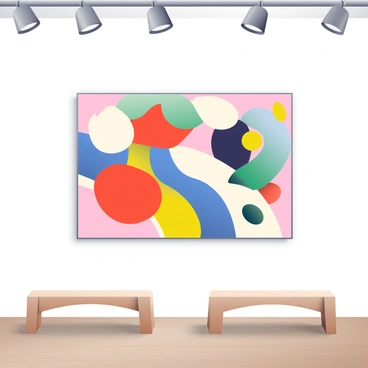 A large abstract painting is displayed prominently on a white gallery wall. The painting features a variety of dynamic shapes, including circles, triangles, and wavy lines. The colors are vibrant, with bold reds, blues, yellows, and greens blending into one another. There are splashes of black and white that create contrast, adding energy to the composition. The painting occupies a central position on the wall, drawing the viewer's attention, and there are wooden benches made of light-colored wood placed in front of the wall for visitors to sit and admire the artwork.