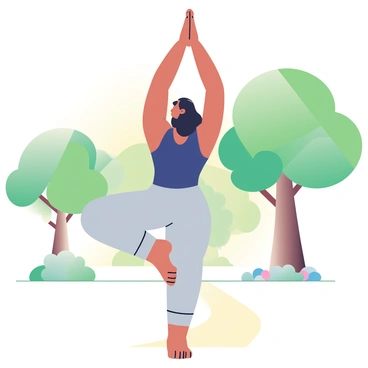 A yogi with light brown skin and long black hair is positioned in a peaceful park, gracefully lifting themselves into a yoga pose. They are wearing a fitted, dark blue tank top and loose-fitting, light grey yoga pants. The yogi's arms are extended upwards, showcasing strength and balance. Surrounding them are lush green trees with sunlight filtering through the leaves, creating a tranquil atmosphere. In the background, a soft, winding path lined with flowers leads further into the park, adding to the serene environment.