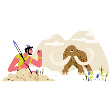 A prehistoric hunter wearing animal skins is crouched behind a cluster of rocks. He has a spear in his hand and is peering intently through the foliage. In the distance, a large woolly mammoth with long, curved tusks stands in a snowy landscape. The mammoth's thick fur is a mix of brown and cream colors, blending with the icy environment. The sky above is cloudy, hinting at an impending snowstorm. The hunter's face shows focus and intent as he studies the mammoth's movements.