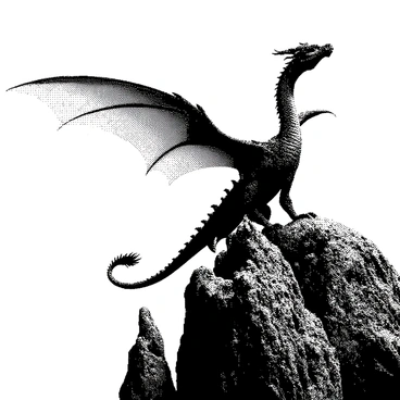 A dragon with elongated wings and intricate scales is soaring high above a rugged mountain. The dragon's body is elegantly curved, emphasizing its powerful form as it glides through the air. The landscape below features steep, rocky cliffs with a variety of textures, showcasing the mountain's grandeur. The sky is vast and open, providing a dramatic backdrop for the dragon's flight. An air of majesty surrounds the scene, highlighting the dragon and mountain in a dynamic composition.
