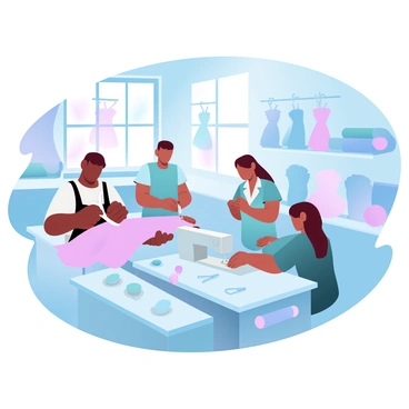 A bustling tailor workshop filled with multiple tailors engaged in their craft. One tailor is meticulously measuring fabric while another is cutting a bubu gown with precision. A third tailor is sewing the edges of a gown on a sewing machine. The workshop is adorned with colorful rolls of fabric piled on shelves, and various tools such as scissors and pins are scattered on the tables. Sunlight filters through the windows, illuminating the vibrant colors of the fabrics and creating a warm atmosphere. Several bubu gowns in different stages of completion hang on display around the workshop.