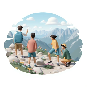 A group of four friends hiking up a rocky mountain trail. One friend, wearing a blue backpack, has short brown hair and is leading the group, pointing towards the stunning views of distant mountains and valleys. Another friend, with long black hair tied back, is wearing a red shirt and taking a photo of the landscape. The third friend, wearing a green jacket and a hat, is crouching down to examine a patch of vibrant wildflowers along the path. The last friend, with curly hair and wearing a yellow shirt, is laughing and looking at the others. Bright wildflowers in various colors bloom along the sides of the trail, adding splashes of color to the earthy tones of the path. The sky above is clear, showcasing a sunny day with a few fluffy clouds.