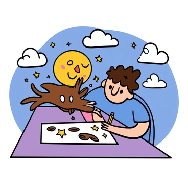 A player with light skin and short, messy brown hair is sitting at a table, focused on drawing. The player is wearing a blue t-shirt and has a pencil in hand. On the paper in front of them, there is an illustration of a cartoon cow with big eyes and a cheerful expression, mid-leap over a bright, smiling moon. The moon is large and round, adorned with a simple face and surrounded by twinkling stars. The background shows a vibrant sky filled with fluffy clouds, creating a whimsical atmosphere.