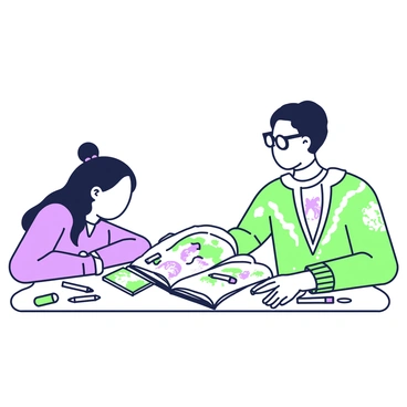 A mentor is sitting at a table, reviewing a student's sketchbook. The mentor has glasses perched on their nose and is wearing a patterned sweater. The sketchbook is open, displaying a variety of detailed illustrations. Each page showcases different artistic styles, such as landscapes, portraits, and abstract designs. The student, who has long hair tied in a bun, is leaning over the table, attentively listening to the mentor's feedback. A few colored pencils and erasers are scattered on the table, and a soft light illuminates the pages of the sketchbook, highlighting the intricate drawings.