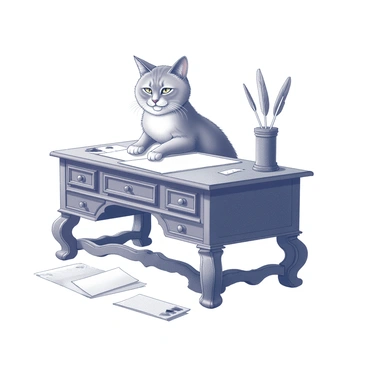 A cat with a dignified expression is sitting at a Victorian-style desk. The desk is intricately carved with ornate details and features several compartments. Surrounding the desk, there are multiple quills resting in a holder and scattered parchment sheets, some with ink marks. The cat appears focused, with its paws placed delicately on the desk, as if contemplating its next written thought. The setting has an atmosphere of intellect and classic elegance.