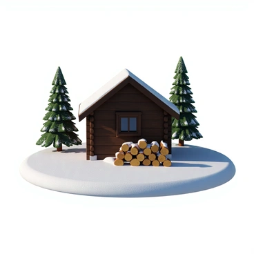 A small pile of firewood neatly stacked in front of a rustic wooden cabin. The cabin is made of dark timber with a sloped roof, partially covered in snow. The surrounding area is blanketed in fresh, white snow, glistening in the sunlight. In the background, tall pine trees are dusted with snowflakes, completing the tranquil winter scene.