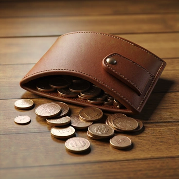 An overstuffed brown leather wallet is opened wide, revealing a mix of coins spilling out. The coins are scattered across a rustic wooden table, showcasing various denominations and shiny surfaces. The wallet sits at an angle, with the edges slightly curling, and the table has visible grain patterns and texture, adding to the warm atmosphere of the scene. The light reflects off the coins, creating small highlights and shadows on the table surface.