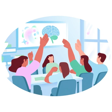 Children in a classroom with a poster of the brain showing the prefrontal cortex prominently