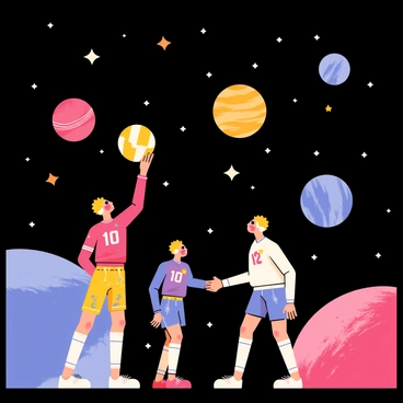 A cosmic volleyball match taking place in space with a colorful arrangement of stars and planets in the background. The scene features two teams of cute cartoon characters, each dressed in vibrant sports uniforms, competing against each other. One team is jumping high to spike a glowing volleyball adorned with cosmic patterns, while the other team is preparing to defend. Planets of various sizes and colors are scattered around, with some showing detailed surface textures. Twinkling stars dot the deep black expanse of space, capturing the dynamic energy of the match.