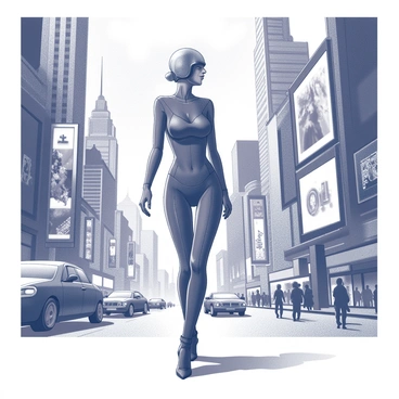 A woman wearing a sleek, futuristic outfit is walking through a city filled with towering buildings and intricate architecture. The outfit is form-fitting with geometric patterns and subtle metallic elements. The cityscape features bright neon signs and glowing advertisements that illuminate the surroundings. The street is bustling with people and various modes of transportation can be seen in motion. The sky is partially visible, showcasing a mix of clouds and a hint of the moon.