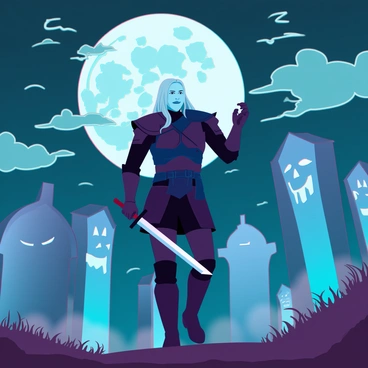 A witcher cautiously exploring a haunted graveyard at night, with ghostly apparitions surrounding him