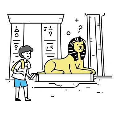 A wise sphinx with a lion's body and a human head, sitting prominently at the entrance of an ancient temple. The sphinx has a regal expression and intricate carvings on its surface, reflecting its age and wisdom. In front of the sphinx, a traveler dressed in simple, rugged clothing stands, looking intrigued. The traveler has an open scroll in hand, ready to engage in a riddle. The ancient temple behind the sphinx is grand, with tall columns and faded hieroglyphs adorning its walls. Sunlight casts shadows, creating a dramatic contrast between the temple and the surrounding desert landscape.