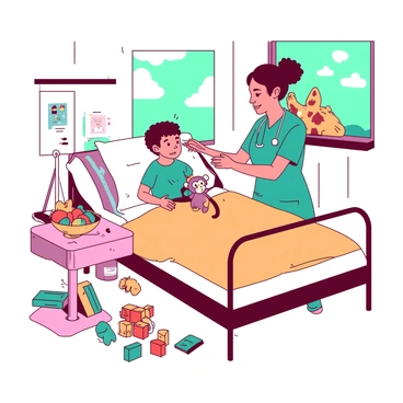 A nurse caring for a child with monkeypox in a cozy hospital room, surrounded by toys and comforting items.
