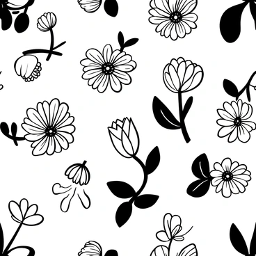 A detailed repeating pattern featuring various flower buds of different shapes and sizes. Each flower bud is surrounded by intricate leaves, creating an interwoven look. The flowers exhibit different stages of bloom, showcasing a variety of textures. The leaves vary in size and shape, complementing the buds and enhancing the overall composition. The arrangement of flowers and leaves forms a harmonious and balanced design suitable for textile use.