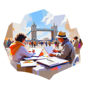 A group of urban sketchers is gathered near London Bridge, each artist focused on their sketchbooks. In the foreground, one artist with curly hair and glasses is diligently drawing the bridge with a fountain pen, while another artist with a scarf drapes over their shoulder is using colored pencils to capture the scene's vibrancy. A third sketcher, wearing a wide-brimmed hat, stands to the side, sketching the pedestrians crossing the bridge. The scene is bustling with the energy of the city, as tourists and locals pass by. In the background, the iconic structure of London Bridge looms, with its distinctive arches and stonework, framed by a clear blue sky. The artists' sketches are scattered on the ground around them, showcasing different perspectives of the bridge and its surroundings.