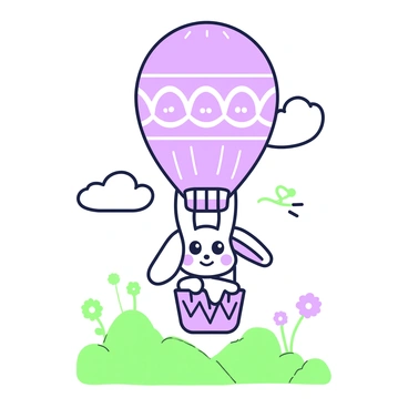 A cartoon bunny is sitting in a hot air balloon. The hot air balloon is shaped like an "Easter egg" featuring intricate patterns. The bunny has large expressive eyes and long ears, with a cheerful expression. Below the balloon, there is a landscape with rolling hills and a few scattered flowers. The sky features a few fluffy clouds, creating a playful atmosphere around the balloon ride.