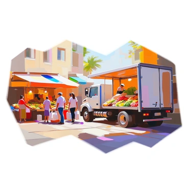 A large moving truck is parked alongside a lively outdoor market scene. The truck is primarily white with hints of blue on its sides, positioned near a row of vibrant stalls. Each stall is adorned with colorful awnings, displaying an array of fresh fruits, vegetables, and handmade goods. Shoppers are actively browsing, chatting, and carrying bags filled with purchases. In the background, there are additional stalls showcasing flowers, artisan crafts, and street food vendors, adding to the vibrant atmosphere of the market. The sunlight casts warm light over the scene, enhancing the colors and liveliness of the market.