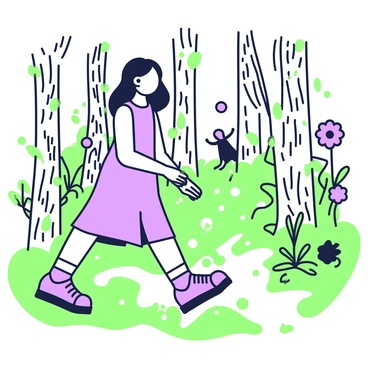 A girl with long hair is walking through a forest filled with glowing plants. She is wearing a simple dress and a pair of sturdy shoes suitable for exploring. The plants around her emit a soft light, illuminating the surroundings with an ethereal glow. The trees are tall and have intricate bark patterns, their leaves shimmering. In the background, a variety of shapes and sizes of glowing flowers can be seen, creating a path for her. Small creatures peek out from behind the foliage, adding to the sense of wonder in this magical environment.