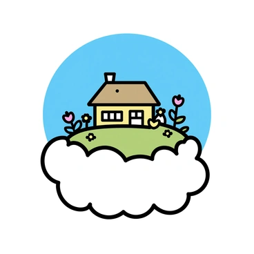 A floating island is situated above the clouds. The island features a small cottage made of wood, with a thatched roof and a chimney. Surrounding the cottage is a garden filled with various flowers, including daisies, tulips, and roses. The clouds below are fluffy and white, creating a soft contrast with the island. The sky above is clear and blue, adding to the sense of height and magic.