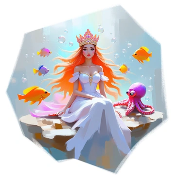 A mystical underwater queen with long flowing hair adorned with shimmering scales is surrounded by an array of sea creatures. She wears an intricate coral crown that glistens with hues of pink and orange. Her gown, made of flowing seaweed, drapes elegantly around her as she floats gracefully in the water. Colorful fish swim nearby, and a curious octopus explores her surroundings. Bubbles rise around her, adding to the enchanting atmosphere of the underwater realm.