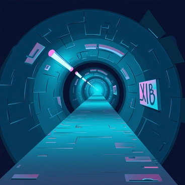 A long, dark subway tunnel stretches into the distance, its walls made of weathered concrete. The ground is covered in scattered debris, hinting at years of neglect. Flickering overhead lights cast an eerie glow, illuminating patches of the tunnel while leaving other areas in shadow. Graffiti covers some sections of the walls, adding bursts of color to the otherwise drab environment. The perspective creates a sense of depth, drawing the viewer's eye further into the tunnel.