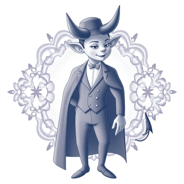 A Victorian devil figure stands confidently, showcasing a sleek, stylish bonnet perched atop its head. The devil has elegantly curved horns protruding from the forehead, adding to its mischievous aura. Its facial expression is playful, with one eye winking, suggesting a cheeky sense of humor. The devil's attire is intricate, featuring a fitted waistcoat adorned with decorative patterns and a flowing cape that adds an air of sophistication. The background features ornate Victorian elements, such as intricate lace designs and vintage motifs, enhancing the overall aesthetic.