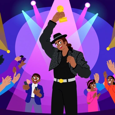Michael Jackson is standing on a brightly lit stage, wearing a sparkling black jacket and a sequined glove. He is holding a golden music award high above his head with one hand, while the other hand is raised in a gesture of gratitude. The audience in front of him is clapping enthusiastically, with joyful faces and hands in the air. Flashing cameras create bright bursts of light all around the stage, illuminating the scene. Colorful spotlights shine down from above, adding to the festive atmosphere.