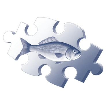 A puzzle piece design featuring several interlocking pieces. Each piece has a section of a "barramundi" fish depicted on it. The fish is shown in a side view, highlighting its distinct body shape and details. As the pieces connect, they come together to form a complete picture of the barramundi, showcasing its scales and fins in a natural pose. The background is minimal, allowing the focus to remain on the puzzle pieces and the fish image they create.