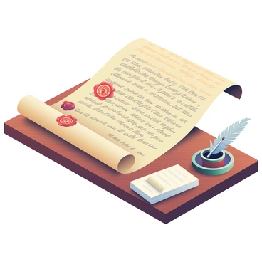 An ancient scroll is partially unrolled on a wooden desk, revealing intricate legal writings in faded ink. The scroll is adorned with decorative seals, some of which are stamped in deep red wax, showcasing intricate designs. To the side of the scroll, there is an ornate quill pen resting on an inkwell, and a small stack of parchment paper. The surface of the wooden desk is polished, with visible wood grain, and the lighting creates soft shadows that accentuate the textures of the materials.