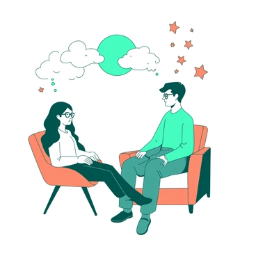 A teal therapist with glasses is sitting in an orange chair, facing a patient who is reclining on a white couch. The patient has a thoughtful expression, with their hands resting on their lap. Surrounding them, there are various floating dream imagery elements such as a white cloud, a teal moon, and orange stars. These elements create an atmosphere of imagination and reflection as they drift gently around the two figures. The room is softly lit, creating a calming environment for the discussion.